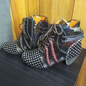 TMA retro black polkadot leather patchwork ankle boots